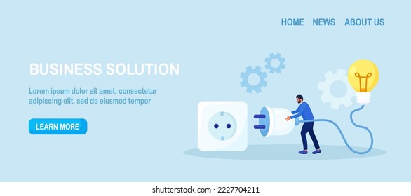 Businessman holding electrical plug with cord, connecting light bulb to power outlet. Business idea, solution. Investment in new project development, startup. Search for ideas and brainstorming