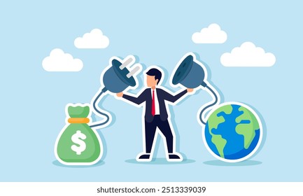 A businessman holding an electrical plug with money bags and Earth at each end, illustration of Extracting all the wealth available on Earth