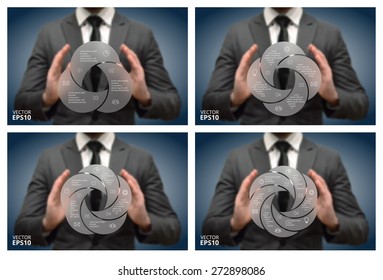 Businessman holding elements of infographics. Circle line infographic. Business concept with 3, 4, 5, 6 options, parts, steps or processes. Linear graphic. Blur vector background