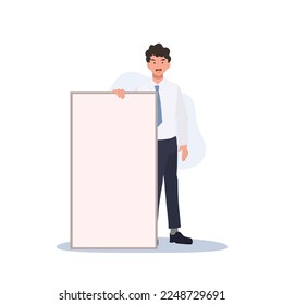 businessman is holding empty board. blank board mock up  Copy space. Your text here. Flat vector cartoon illustration