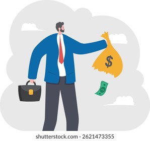 Empresário segurando saco de dinheiro vazio, ilustração vetor cartoon

