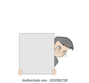 Businessman holding an empty sheet of paper in front of him. Representation of business. Vector illustration