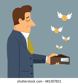 Businessman Holding An Empty Wallet Moths Flying, Vector Illustration Cartoon