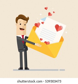 Businessman holding envelope with love letter. Heart on letter,  as a message, email. Vector, illustration, flat