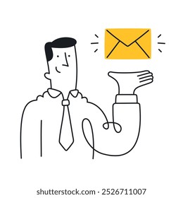 Businessman holding an envelope representing communication. Doodle style with an editable strike.