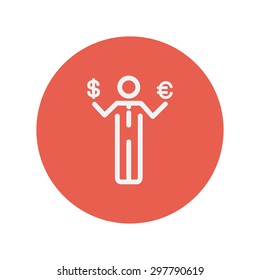 Businessman holding Euro and US dollar thin line icon for web and mobile minimalistic flat design. Vector white icon inside the red circle.