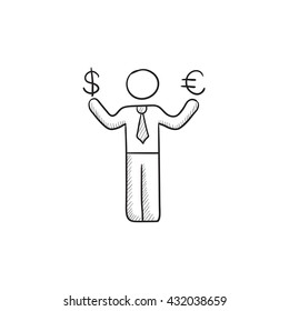 Businessman holding Euro and US dollar vector sketch icon isolated on background. Hand drawn man with Euro and US dollar icon. Man with Euro and US dollar sketch icon for infographic, website or app.