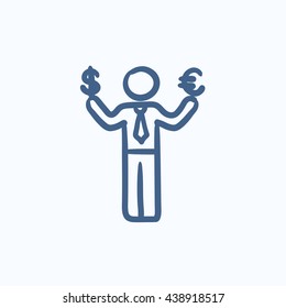 Businessman holding Euro and US dollar vector sketch icon isolated on background. Hand drawn man with Euro and US dollar icon. Man with Euro and US dollar sketch icon for infographic, website or app.