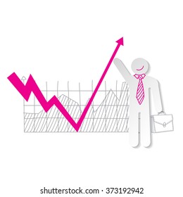 Businessman holding falling down graph line and push to increasing 
