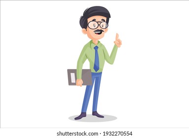 Businessman is holding a file in hand and pointing finger. Vector graphic illustration. Individually on a white background.