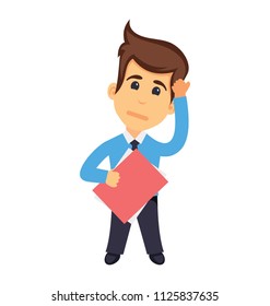 A businessman holding a file and thinking 