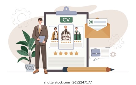 Businessman holding files beside a clipboard with candidate CVs, envelope, and rating stars on abstract background. Concept of recruitment. Vector illustration