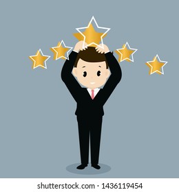 Businessman holding five gold stars for rating. 