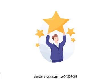 Businessman holding five gold stars for rating, quality and business concept