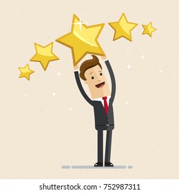 Businessman holding five gold stars for rating, quality and business concept. Vector, illustration, flat.