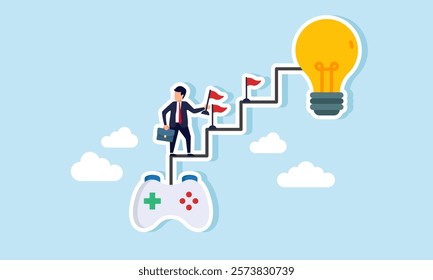 A businessman holding a flag climbing a ladder that connects a joystick to a light, with a flag on each step, illustration of a business game to implement ideas and innovations
