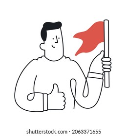 Businessman Holding a Flag. Concept of leadership, achievement, success. Outline, linear, thin line, doodle art. Simple style with editable stroke.