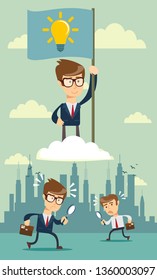 businessman holding a flag with an idea symbol flying on a cloud