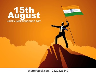 Businessman holding the flag of India on top of the mountain, vector illustration