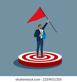 Businessman holding flag in the middle of target. Goal business. Modern vector illustration in flat style 