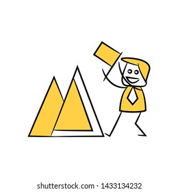 businessman holding flag and mountain icon in yellow stick figure theme