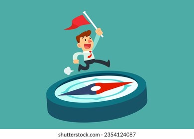 Businessman holding flag on big business compass  running  to direction the compass point to. Business goal concept.