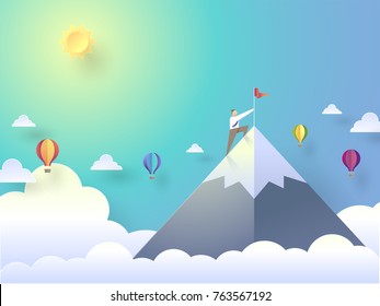 Businessman holding flag on the peak of mountain and sunlight outdoor on the background is the sky and colorful balloons, Success winner business concept with paper art style