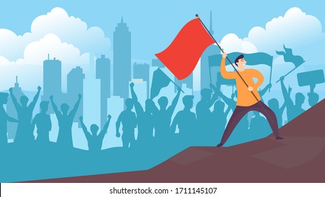 Businessman holding flag on top of rock. Business concept vector illustration. Political protest activism patriotism.