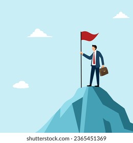 Businessman holding flag on the top of mountain in flat design. Successful leadership businessman.