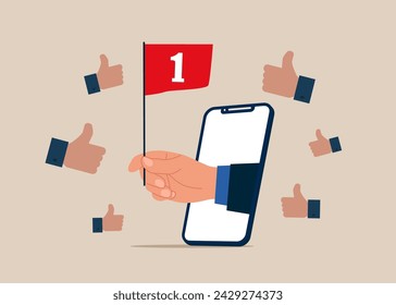 Businessman holding flag on the top win. Determination to achieve goals. Modern vector illustration in flat style 
