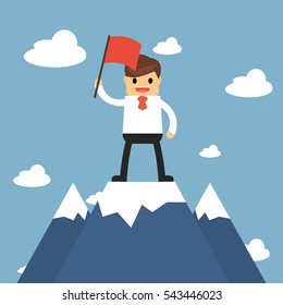 Businessman holding flag on top of mountain. Success concept