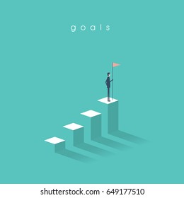 Businessman holding a flag on top of the column graph. Business concept of goals, success, achievement and challenge. Eps10 vector illustration.