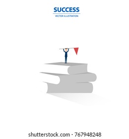 Businessman holding up a flag on top of books. Concept of success, winner, acknowledgement, ambition and challenge. Vector illustration.