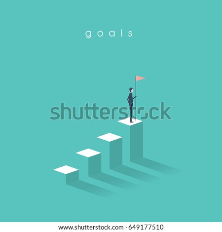 Businessman holding a flag on top of the column graph. Business concept of goals, success, achievement and challenge. Eps10 vector illustration.