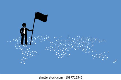 A businessman holding a flag and standing on top of United States of a world map. Vector artwork illustration depicts the concept of business expansion, destination, and location. 