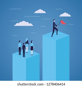 businessman holding flag standing on bar chart