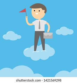 businessman holding flag standing on the cloud. success business. sky background