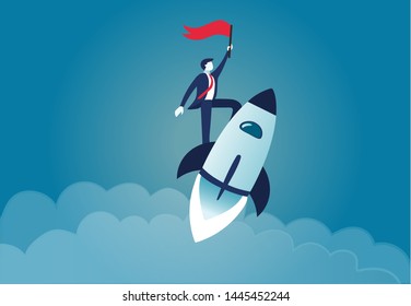 Businessman holding flag standing on rocket ship flying through starry sky. Start up business concept.