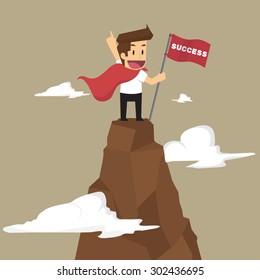 businessman holding a flag that succeed in mountain. vector