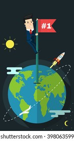 Businessman holding a flag that succeed in earth. Business concept cartoon vector illustration. Businessman leader. Businessman concept. Businessman vector. Businessman job. Businessman cartoon. 