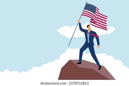 Businessman holding the flag of USA on top of a mountain, vector illustration