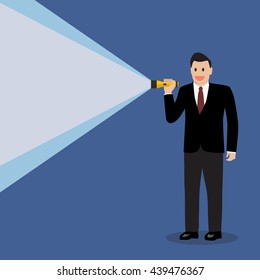 Businessman holding flashlight. vector illustration