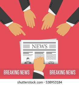 Businessman holding a folded newspaper with the news. Breaking News concept. Modern vector illustration in flat style.