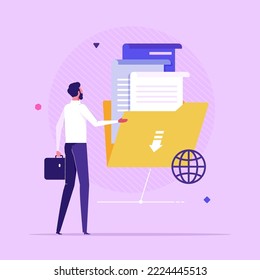 Businessman holding folder full of documents. Concept of data network, international online service for file management, information organization and storage, flat vector illustration