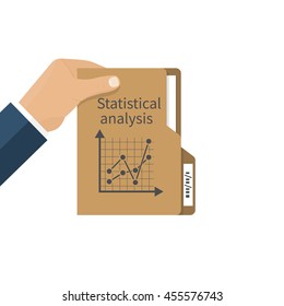 Businessman holding folder in hand with documents statistical analysis. Vector illustration of a flat design. Accounting, financial management concept.