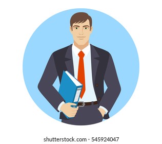 Businessman holding a folder. Portrait of businessman in a flat style. Vector illustration. 