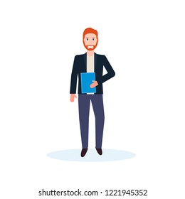 businessman holding folder standing pose happy man office worker male cartoon character full length isolated flat vector illustration