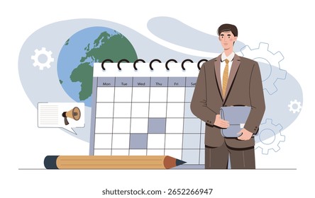 Businessman holding a folder stands beside a calendar with a globe and gears in the background, symbolizing global planning and time management. Vector illustration