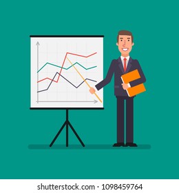 Businessman holding folder stands near flip chart with charts and holds pointer. Business concept. Vector Illustration.