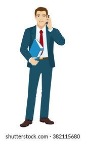 Businessman holding a folder. Businessman talking on the phone. Vector illustration.